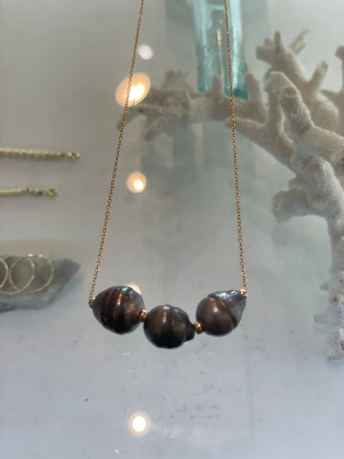 3 Tahitian pearl necklace on 14kgf chain
